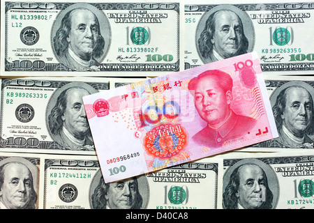 Chinese 100 Yuan banknote with Mao Zedong and 100 US Dollars banknotes as background Stock Photo
