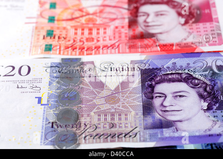 Portrait of Queen Elizabeth II from 50 and 20 Pounds banknotes, UK Stock Photo