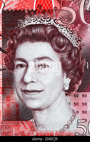 Portrait of Queen Elizabeth II from 50 Pounds banknote, UK, 2010 Stock Photo