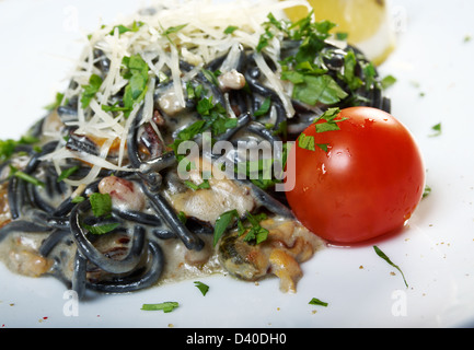 Spaghetti al Nero di Seppia.pasta nera algaes, seafoods, Stock Photo