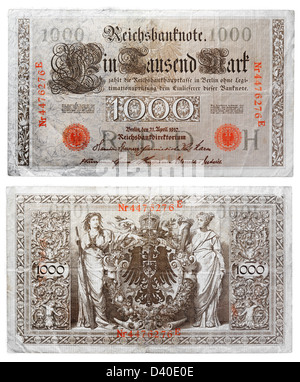 1000 Mark banknote, Allegorical figures of Navigation and Agriculture, Germany, 1910 Stock Photo