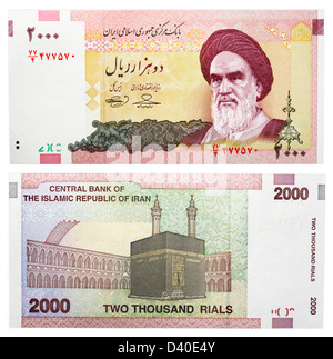 2000 Rials banknote, Imam Ayatolah Seyyed Ruhollah Khomeini and Kaaba Temple in Mecca, Iran, 2005 Stock Photo
