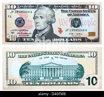 10 Dollars banknote, Alexander Hamilton and Treasury Building, USA, 2009 Stock Photo