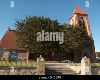 Christ Church Cathedral on Ross Road in the Falkland Islands is characterised by its whale bone arch Stock Photo