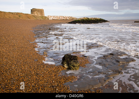 London Clay wave cut platform exposed at low tide on the beach at East Lane, Bawdsey, Suffolk, England Stock Photo