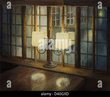 An oil painting on canvas of an interior in a small cozy restaurant for a romantic date with a loved one, sharing the warmth. Stock Photo