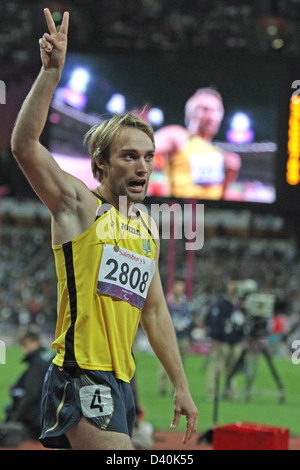 Iurii Tsaruk of Uzbekistan wins the gold medal in the Men's 200m - T35 in Olympic stadium at the London 2012 Paralympic game. Stock Photo