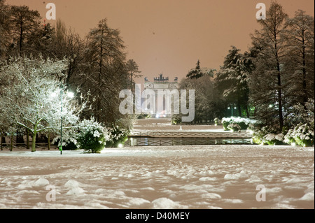 Arco della pace, in Parco Sempione with snow. Stock Photo