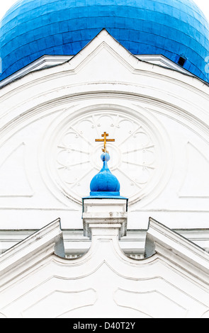 Details of top part of Bogolubovo monastery including blue small and big domes (monastery is dating from 1866). Stock Photo