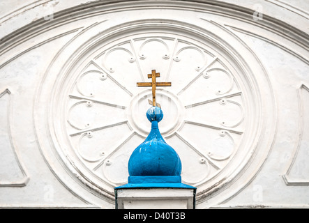 Details of top part of Bogolubovo monastery including blue small and big domes (monastery is dating from 1866). Stock Photo