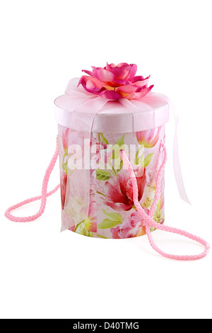 The fancy box of pink color is photographed on a white background Stock Photo