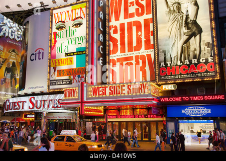 Broadway show signs along 42nd Street at Times Square, New York City, USA Stock Photo