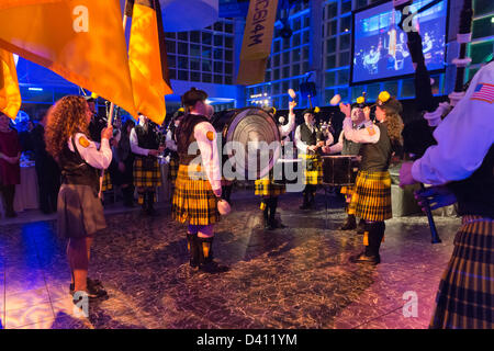 Feb. 27, 2013 - Garden City, New York, U.S. - St. Anthony's HS 'Celtic Friars' Pipe Band, from South Huntington, performed during the 10th Annual Cradle of Aviation Museum Air & Space Gala, celebrating the 40th Anniversary of Apollo 17. Stock Photo