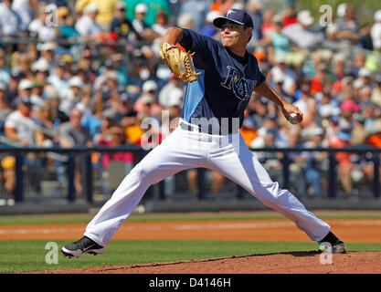 Feb. 28, 2013 - St. Petersburg, Florida, U.S. - JAMES BORCHUCK   |   Times ..Matt Moore delivers in the fourth during the Rays spring training game against the Detroit Tigers Thursday in Port Charlotte, FL. (Credit Image: © James Borchuck/Tampa Bay Times/ZUMAPRESS.com) Stock Photo