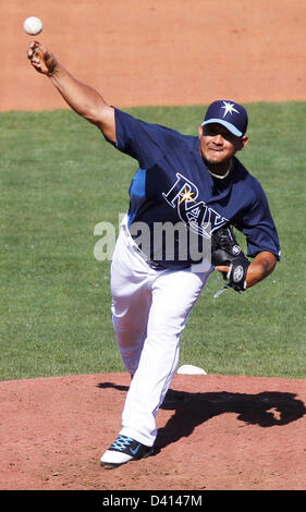 Feb. 28, 2013 - St. Petersburg, Florida, U.S. - JAMES BORCHUCK   |   Times ..Joel Peralta delivers in the seventh during the Rays spring training game against the Detroit Tigers Thursday in Port Charlotte, FL. (Credit Image: © James Borchuck/Tampa Bay Times/ZUMAPRESS.com) Stock Photo