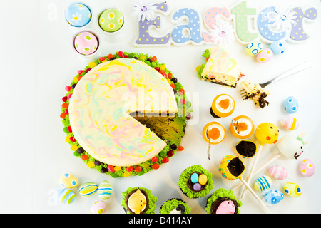 Easter sugar fest with variety of gourmet chocolate good. Stock Photo