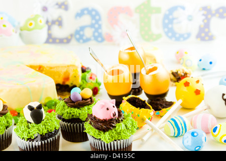 Easter sugar fest with variety of gourmet chocolate good. Stock Photo