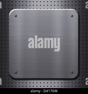 Metal plate with rivets on metal mesh background or texture Stock Photo