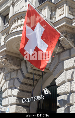 Paradeplatz, UBS, Credit Suisse, Swiss flags,1. August, national holyday, Switzerland, Zurich,  Stock Photo