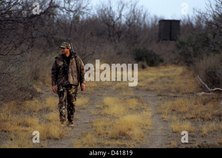 South Texas deer hunter in camouflage walking near a deer blind Stock Photo