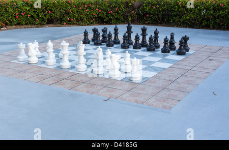 Large white and black pieces in outdoor chess set in flower garden Stock Photo