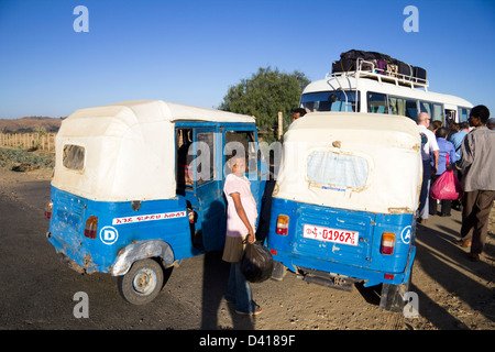 Two cabs and a minibus at the Axum airport, Northern Ethiopia Africa Stock Photo