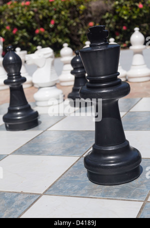 Close up of large black king piece in outdoor chess set in flower garden Stock Photo