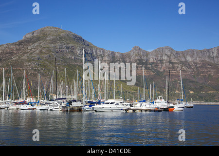 Yachts in Hout Bay Harbour, near Cape Town, South Africa, with Chapman's Peak in the background. Stock Photo