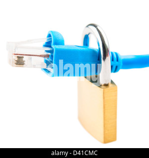 Padlock and network cable on white background Stock Photo