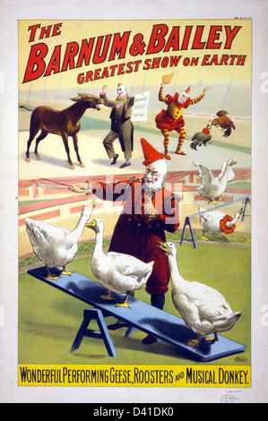 Barnum and Bailey circus poster with clowns performing geese and a musical donkey