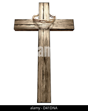 A wooden cross that has a christian woven crown of thorns on it depicting the crucifixion on an isolated background Stock Photo