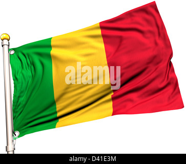 Mali flag on a flag pole. Clipping path included. Silk texture visible on the flag at 100%. Stock Photo