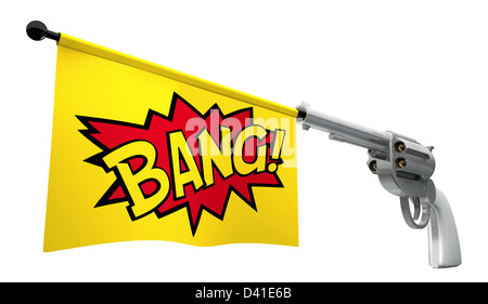 A six shooter gun with a flag coming out the barrel that says the Stock