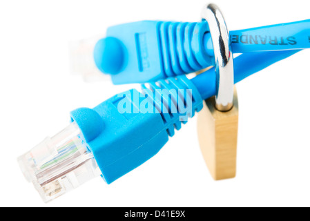 Safety concept. Closed Lock and two network cable Stock Photo