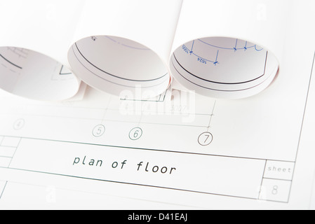 Several Rolls of Blueprints . Architecture concept. Stock Photo
