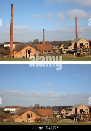 Neukalen, Germany. 1st March 2013. COMBO - A combination picture shows a former brickyard before and after the demolition of three chimneys in Neukalen. The three chimneys of the brickyard, which was in operation from 1778 till 1990, had to be removed for safety reasons. Photo: BERND WUESTNECK/dpa/Alamy Live News Stock Photo