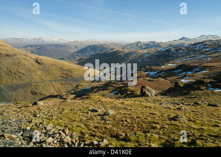 Looking down to Honister Pass from Fleetwith, Cumbria, Lake District National Park, England, UK Stock Photo