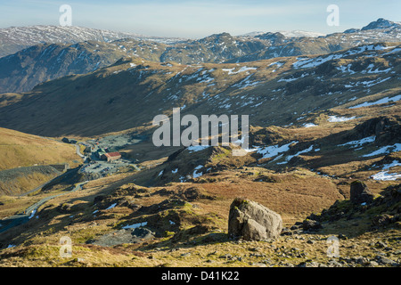 Looking down to Honister Pass from Fleetwith, Cumbria, Lake District National Park, England, UK Stock Photo