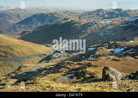 Looking down to Honister Pass from Fleetwith, Cumbria, Lake District National Park, England, UK Stock Photo