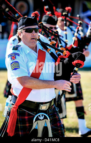 At the Sarasota Highland Games Florida, members of the St Andrew's Pipers and Drummers of Tamp Bay Stock Photo
