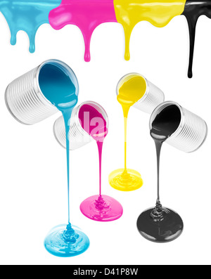 Magenta, cyan, yellow and black liquid paints isolated Stock Photo