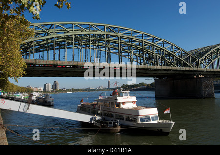 Cologne Railway Bridge from the west bank of the Rhine early morning Stock Photo
