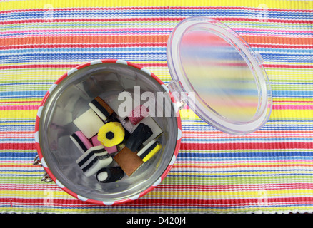 Looking down on liquorice sweets at the bottom of an open container. Stock Photo