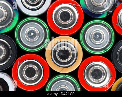 Closeup of pile of used alkaline batteries Stock Photo