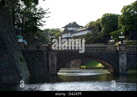 Nijubashi (two bridges) with guard tower in background from old Edo Castle. The castle now houses the Imperial Palace. Stock Photo