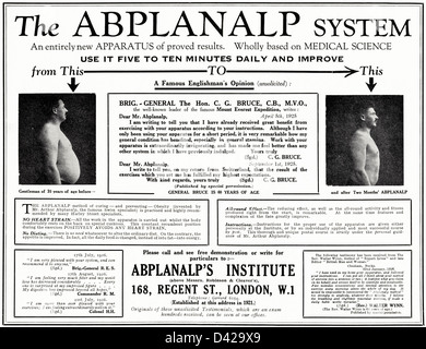 Original 1920s vintage print advertisement from English country gentleman's newspaper advertising ABPLANALP'S INSTITUTE SYSTEM for mens fitness of Regent Street London Stock Photo