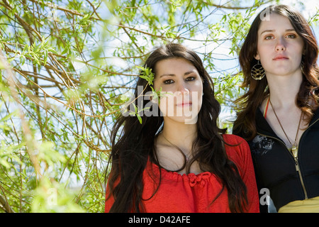 Two women friends portrait in spring Stock Photo