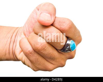 A guy hand with turquoise ring on his finger isolated on white background Stock Photo