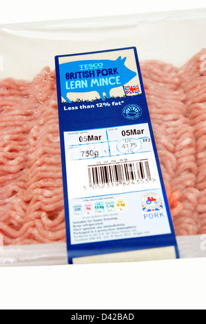 Tesco BRITISH pork lean mince healthy eating with the British logo & the little red tractor sign symbol on an offer of 2 for £6 Stock Photo