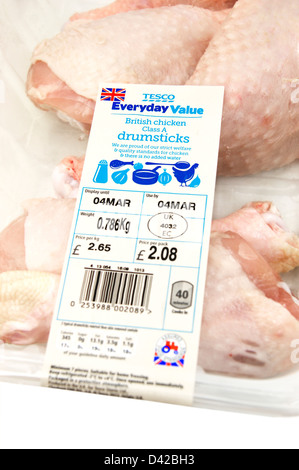 Tecso Everyday Value BRITISH chicken drumsticks with logos - British farm standard logo the assured food standards association Stock Photo